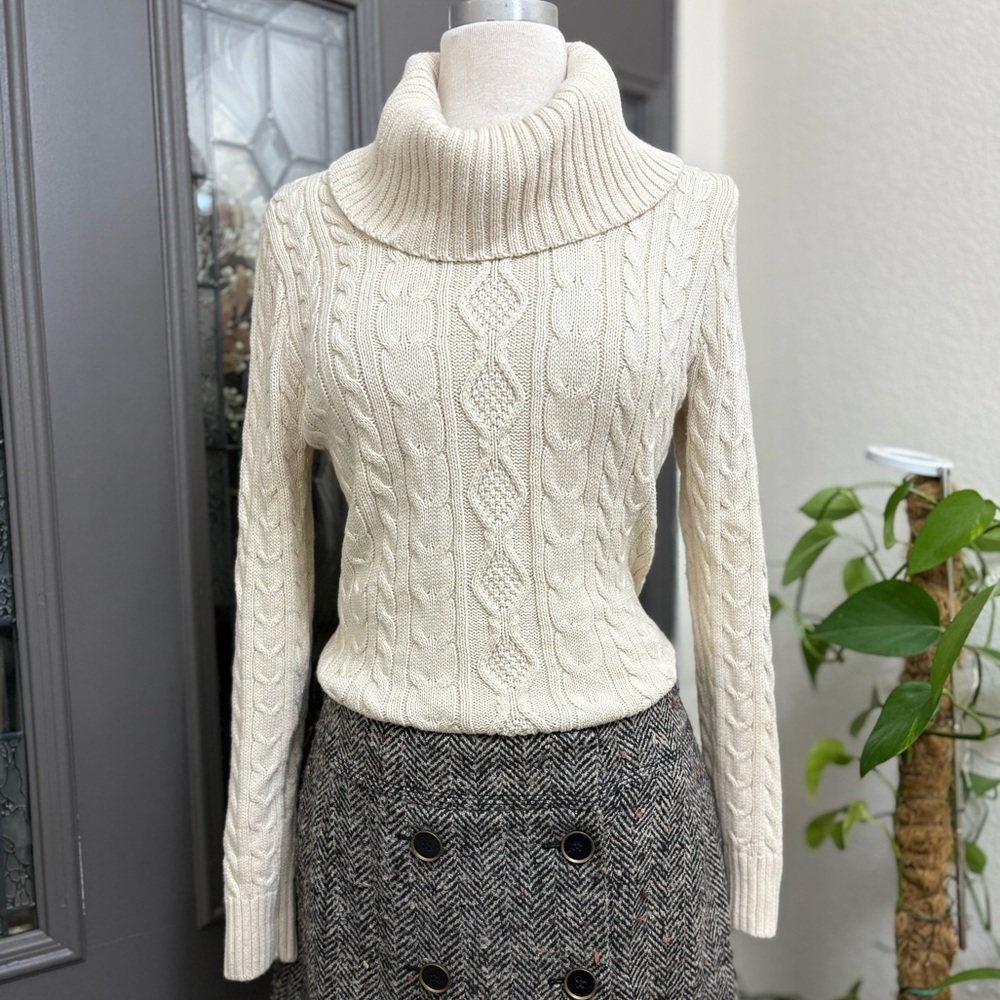 Jeanne Pierre Women's Cable Knit Cowl Neck Sweater in Cream | Size L
